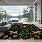 Golden Birds Green Foliage Black Rug