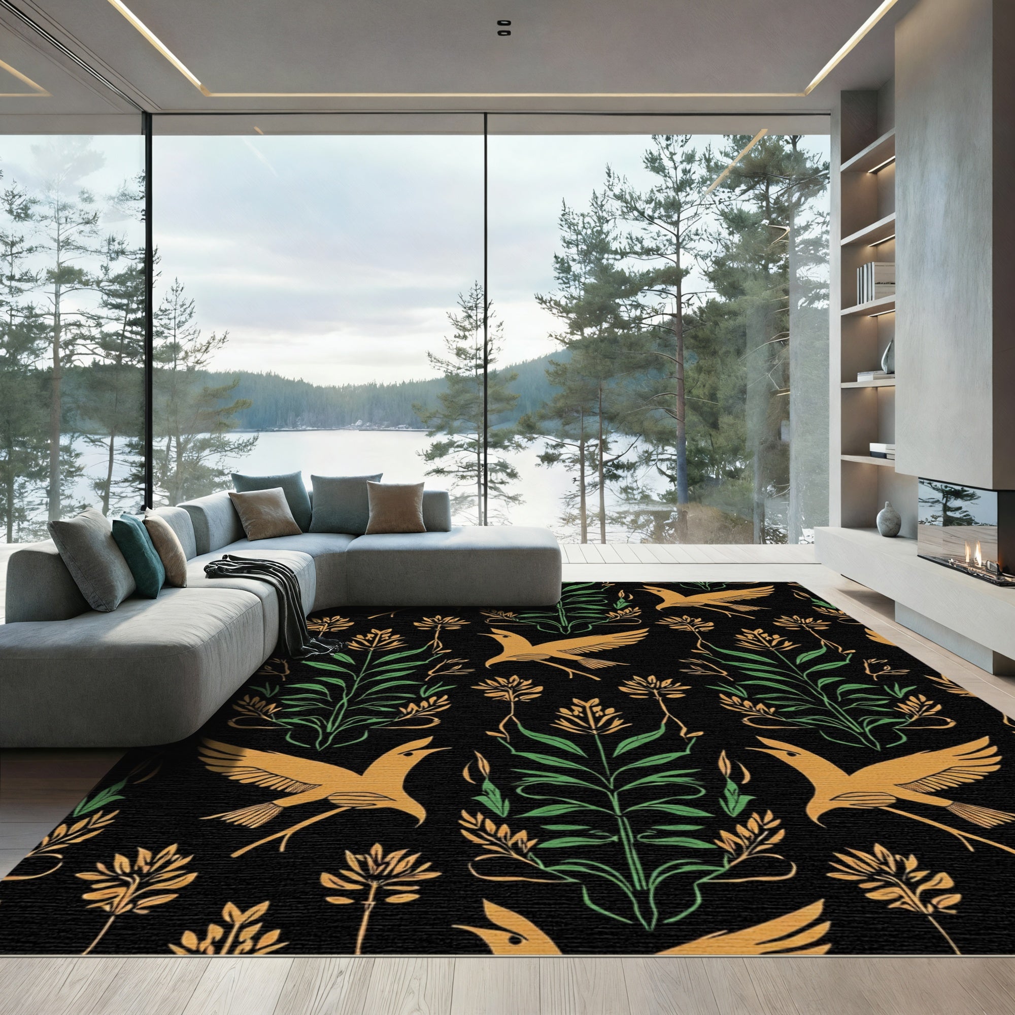 Golden Birds Green Foliage Black Rug