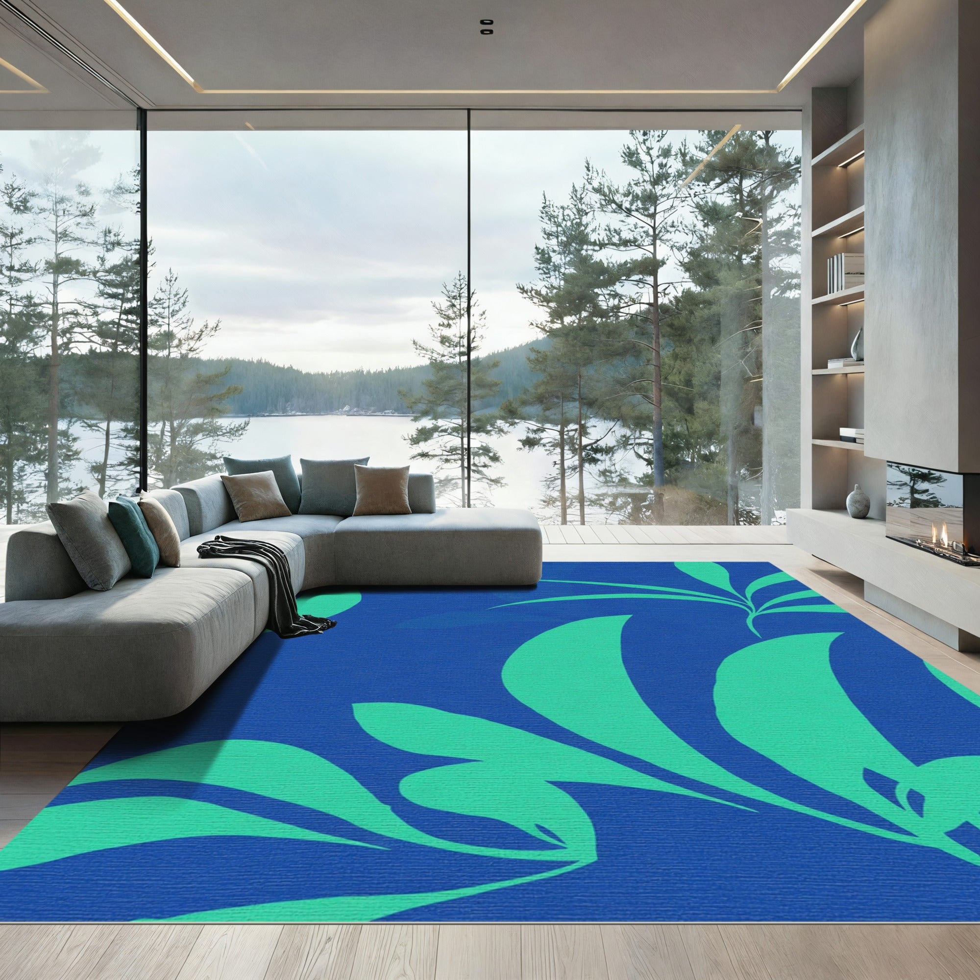Aqua Leaf Burst Blue Rug
