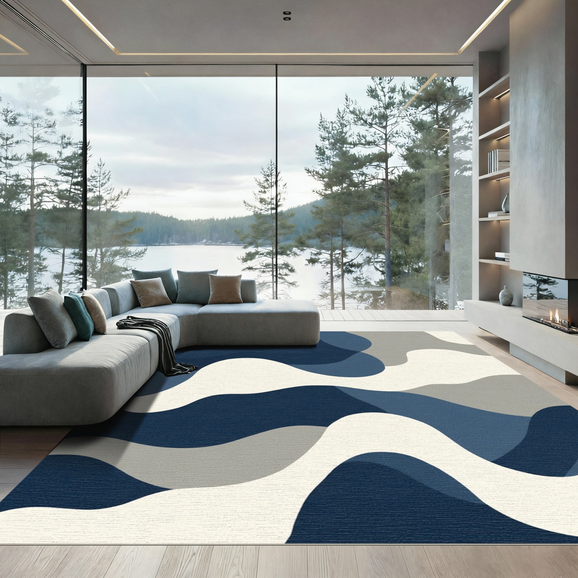 Abstract Navy Blue Flowing Waves Rug