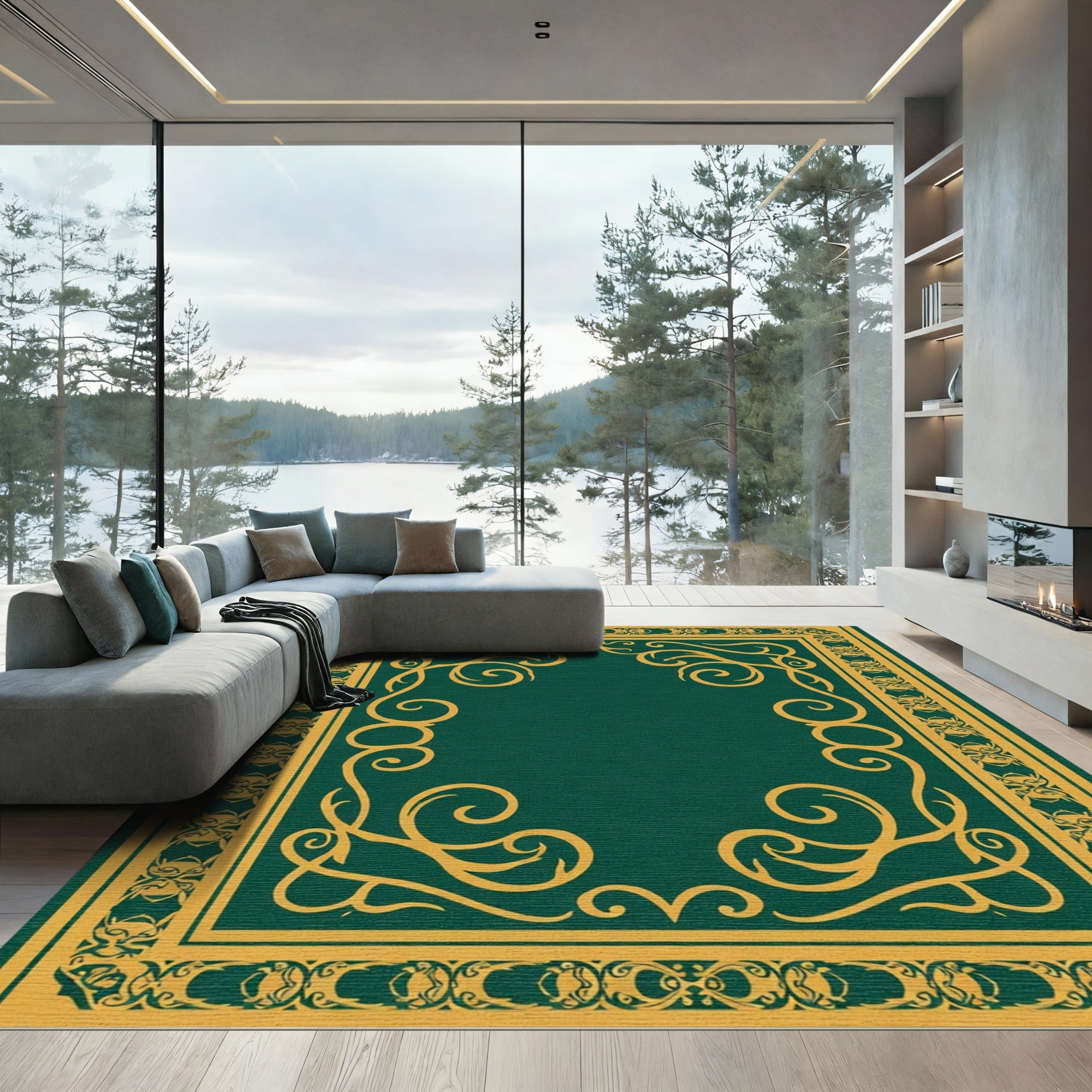 Elegant Emerald and Gold Scrollwork Border Rug