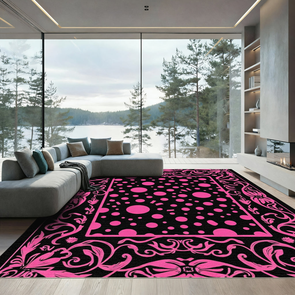 Hot Pink Polka Dot Floral Border Rug