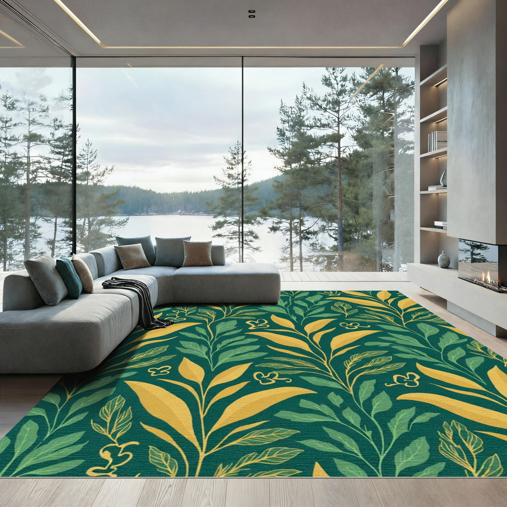 Emerald Green Golden Leaf Branch Art Rug