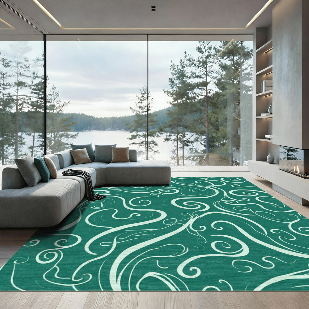 Teal White Swirl Flowing Vine Rug