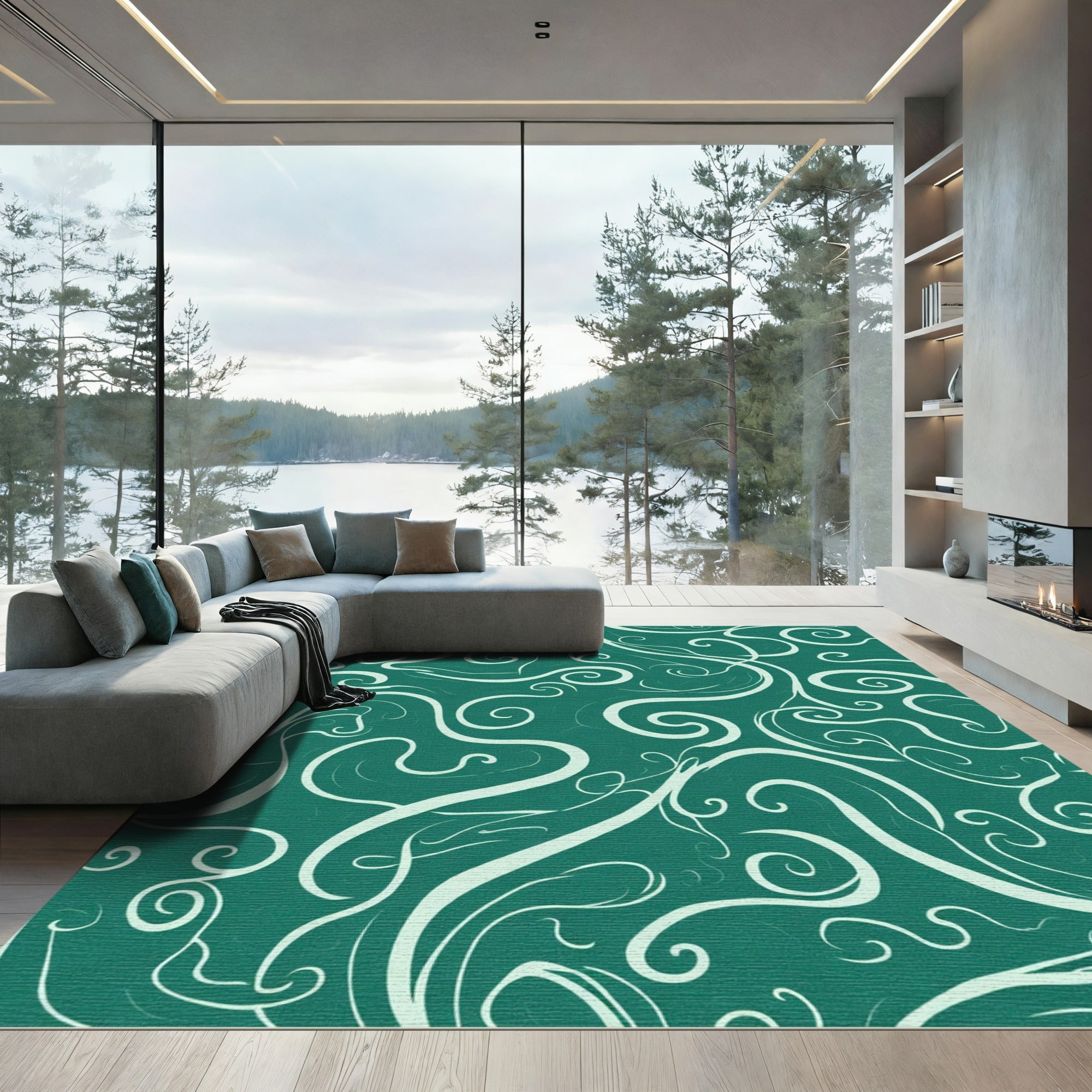 Teal White Swirl Flowing Vine Rug