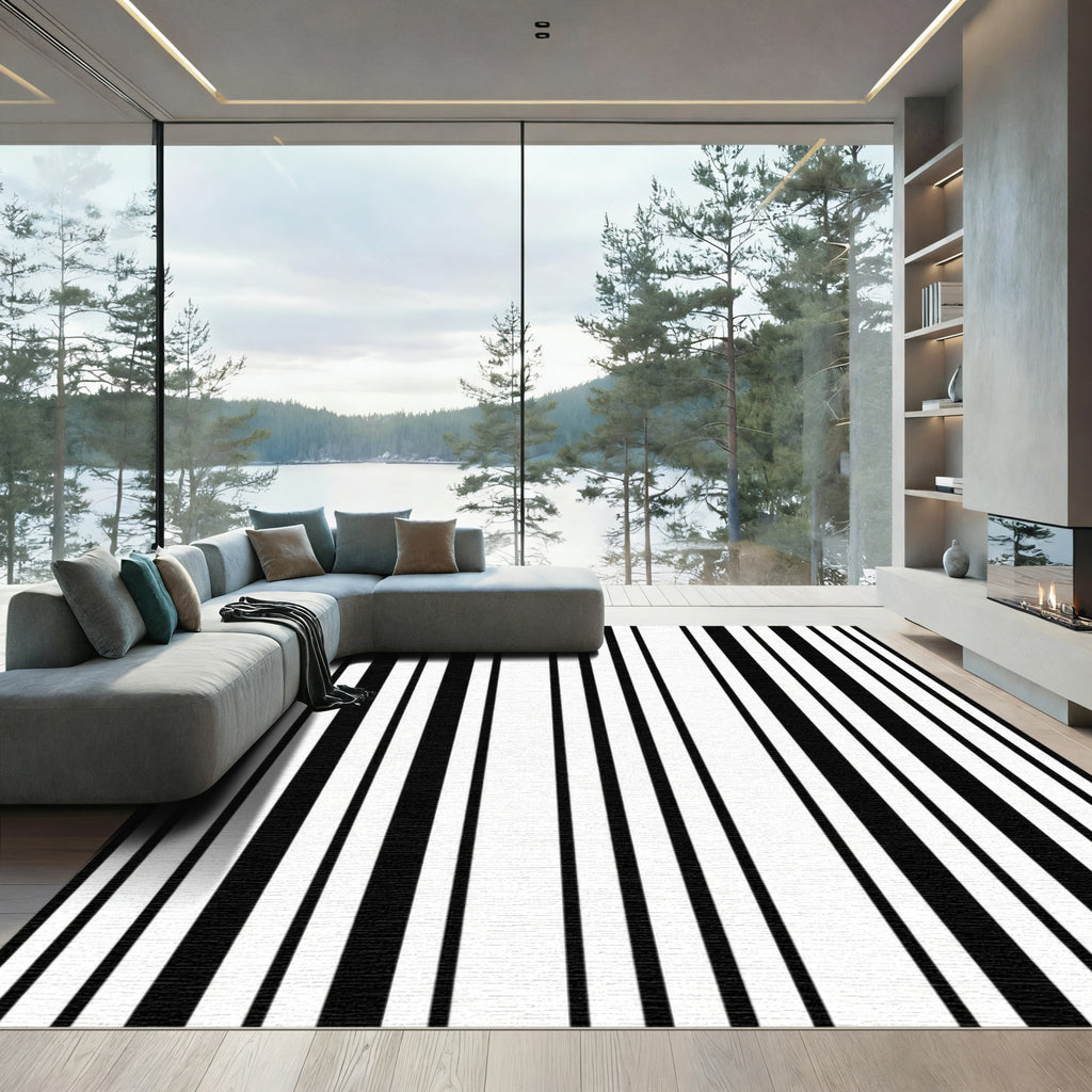 Artistic Black White Vertical Stripe Rug