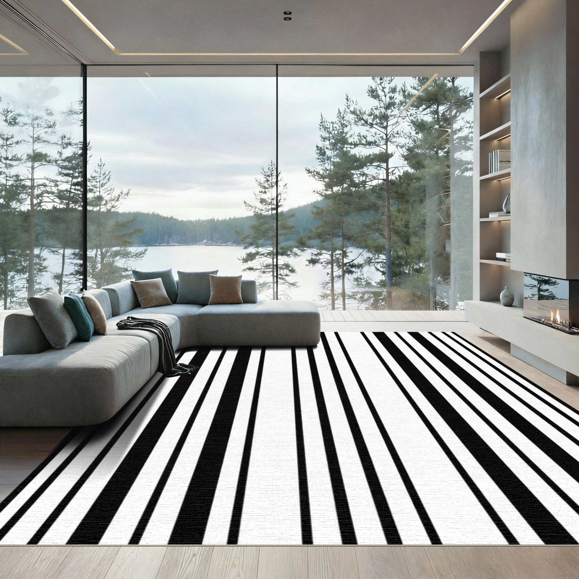 Artistic Black White Vertical Stripe Rug