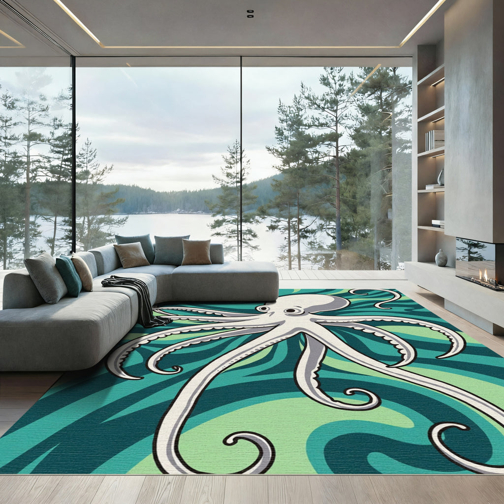 White Octopus Swirls Teal Abstract Rug