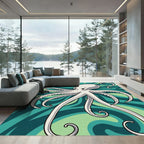 White Octopus Swirls Teal Abstract Rug