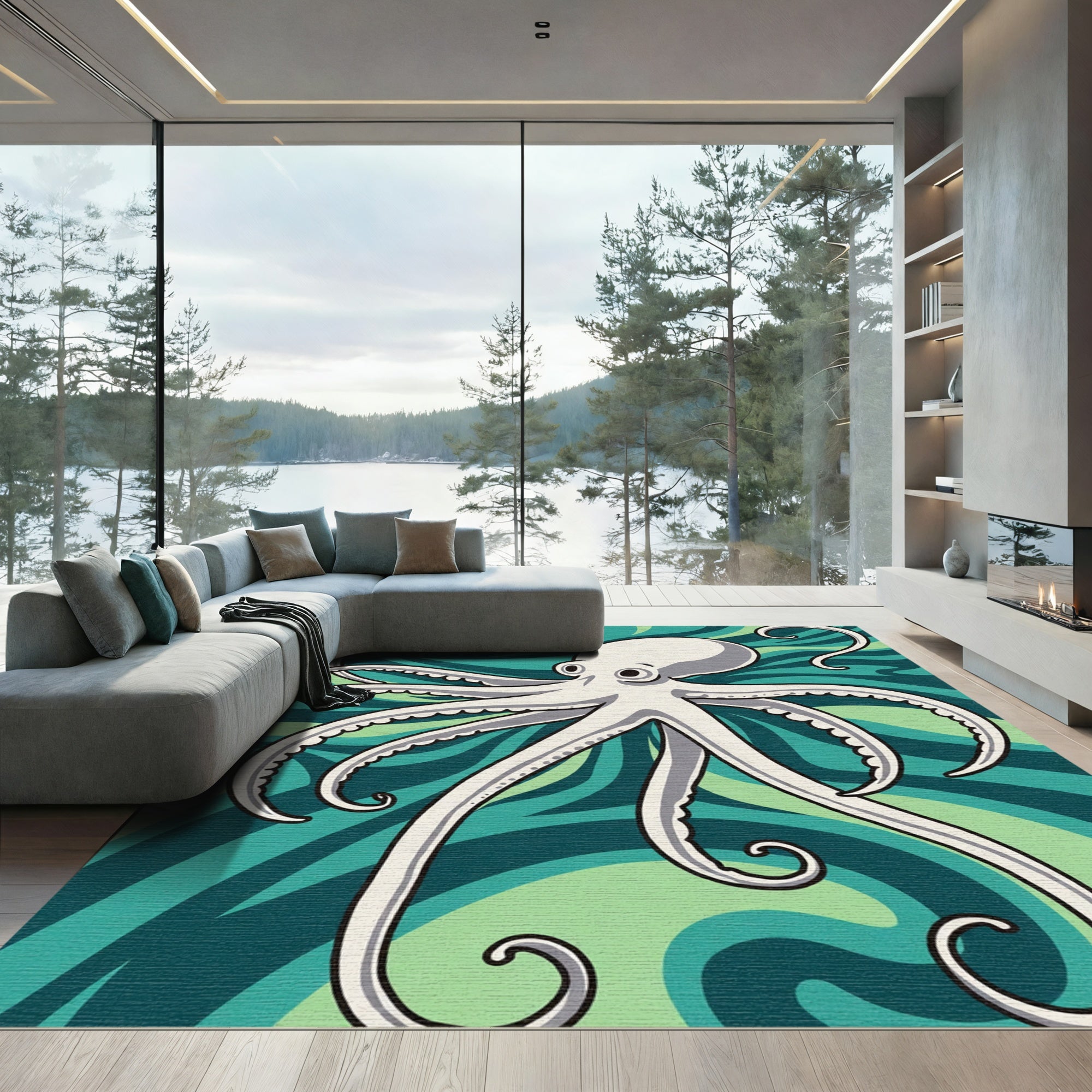 White Octopus Swirls Teal Abstract Rug