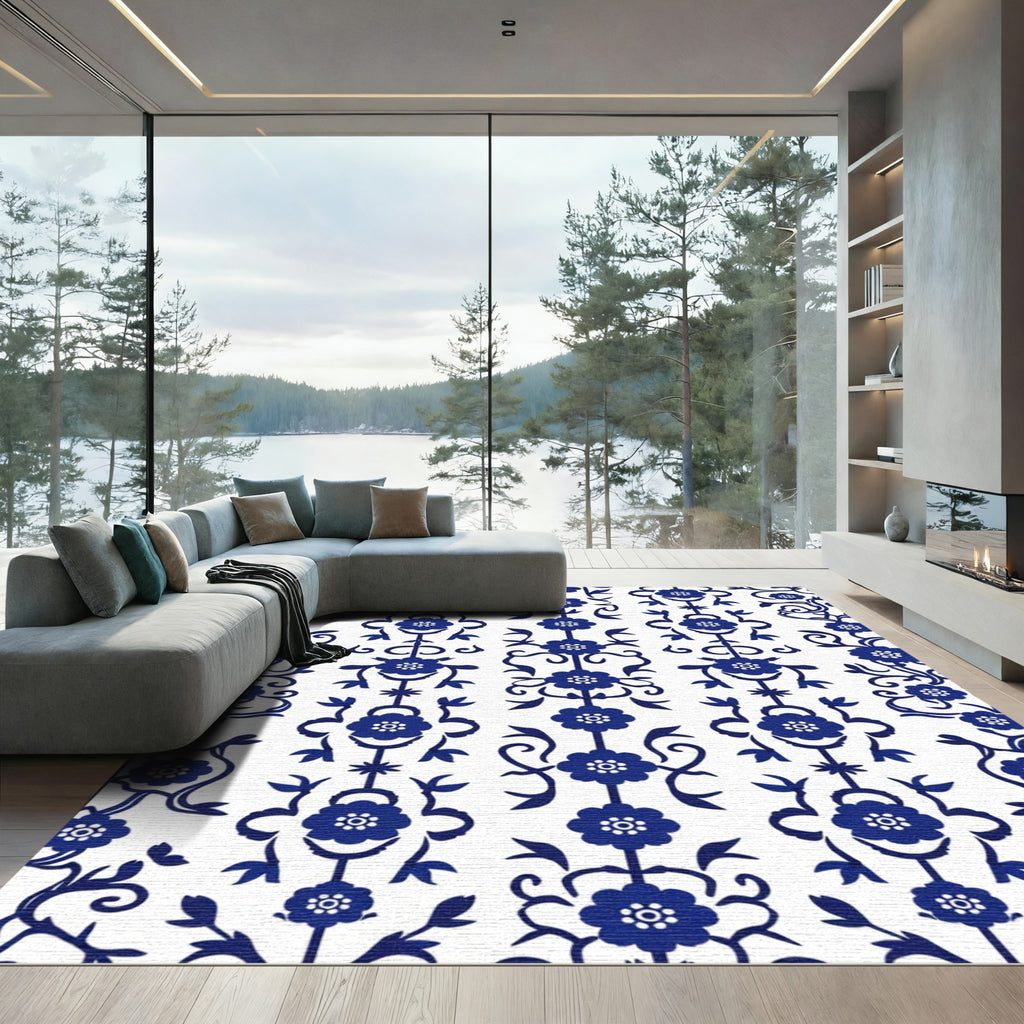 Classic Blue White Floral Scroll Rug