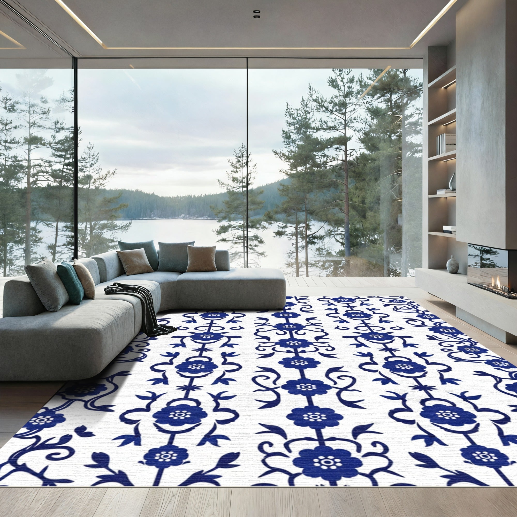 Classic Blue White Floral Scroll Rug