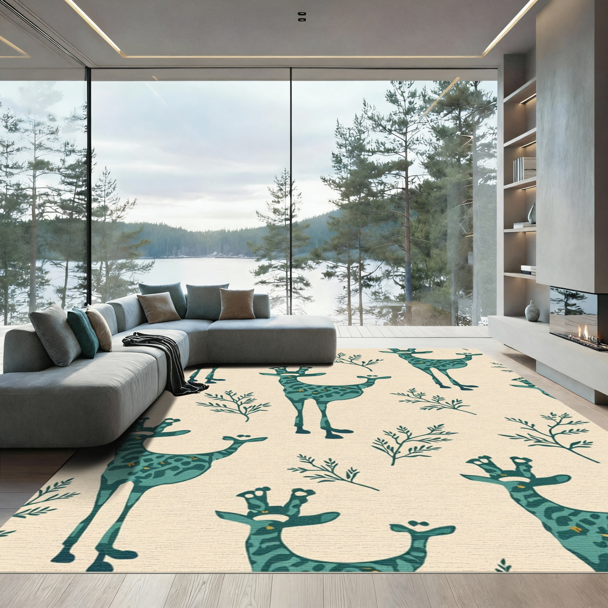 Teal Giraffe Foliage Repeat Rug