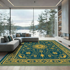 Golden Floral Medallion Teal Rug