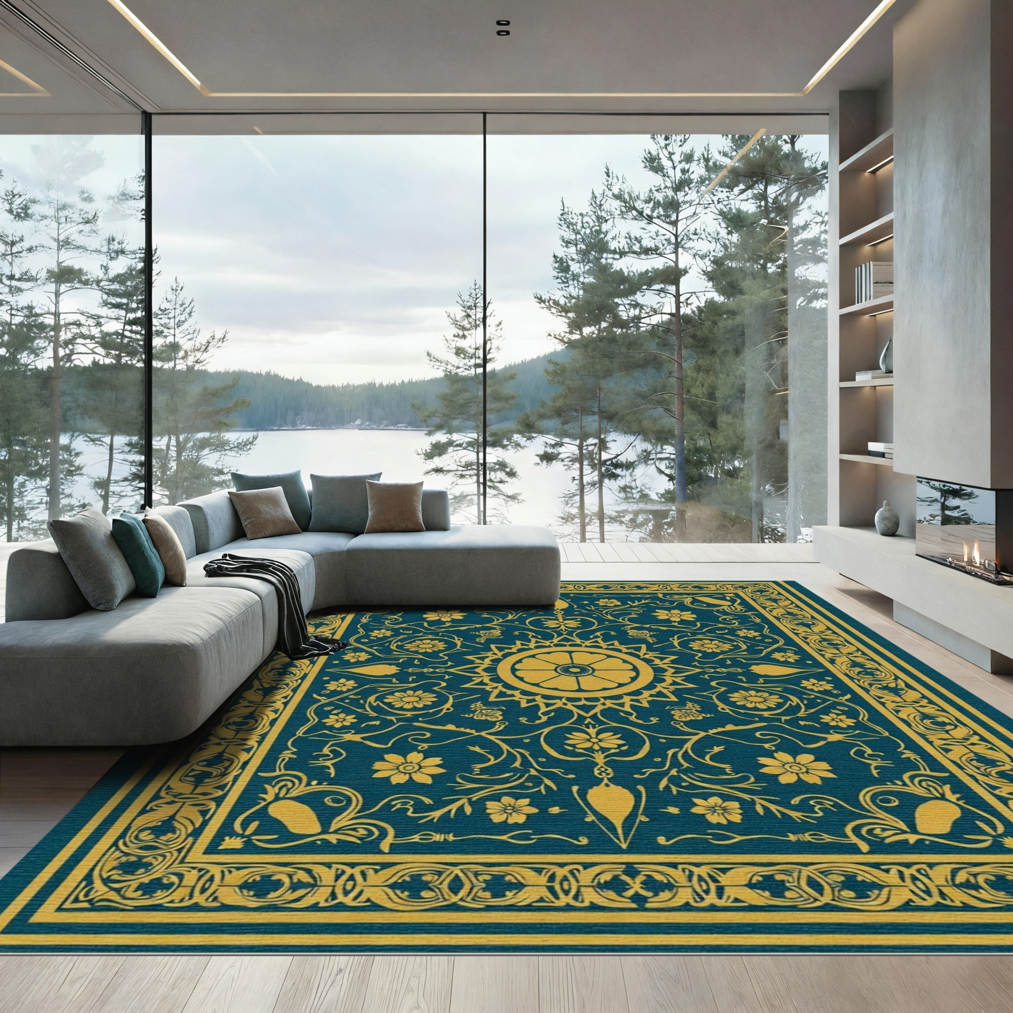 Golden Floral Medallion Teal Rug