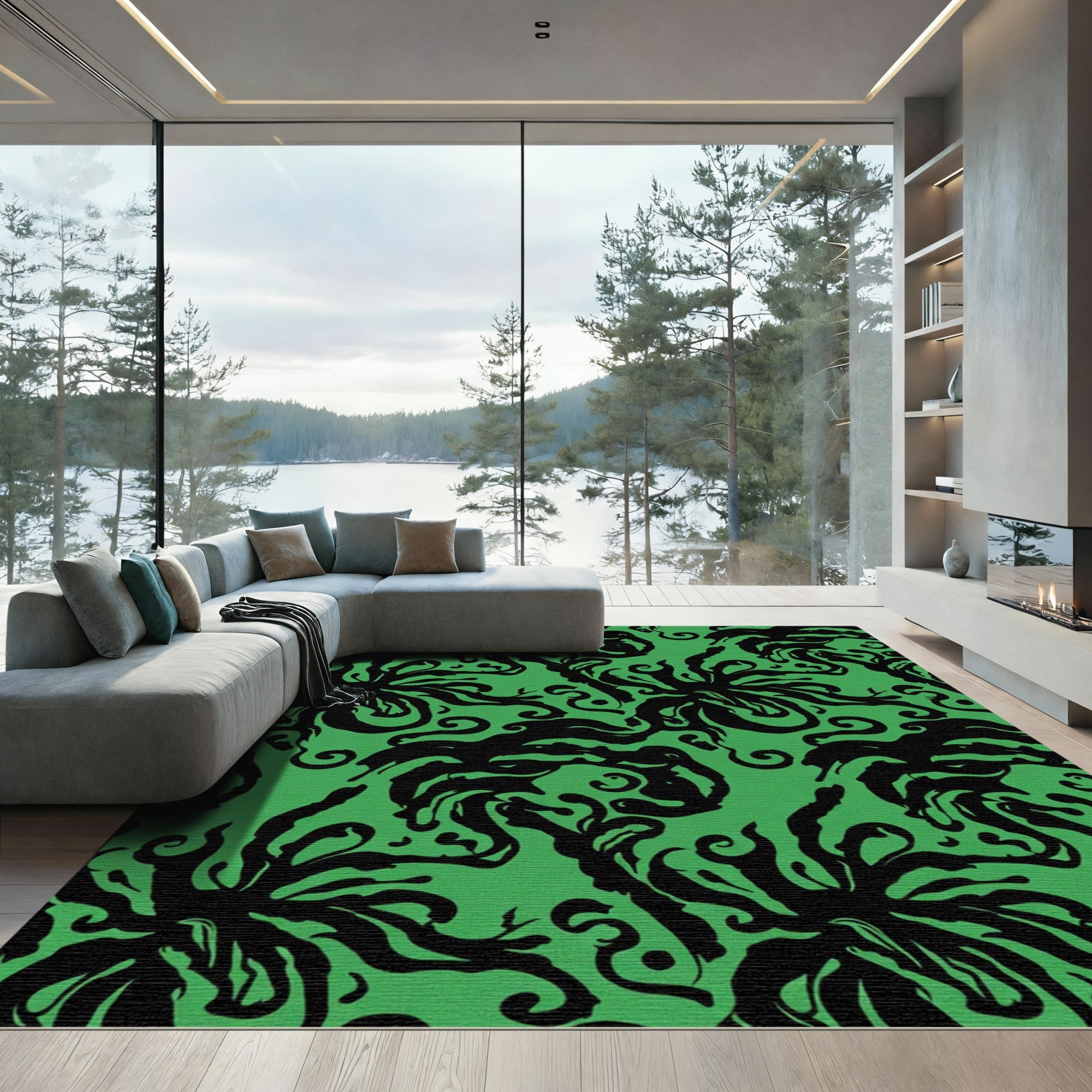 Bold Black Swirling Green Abstract Rug