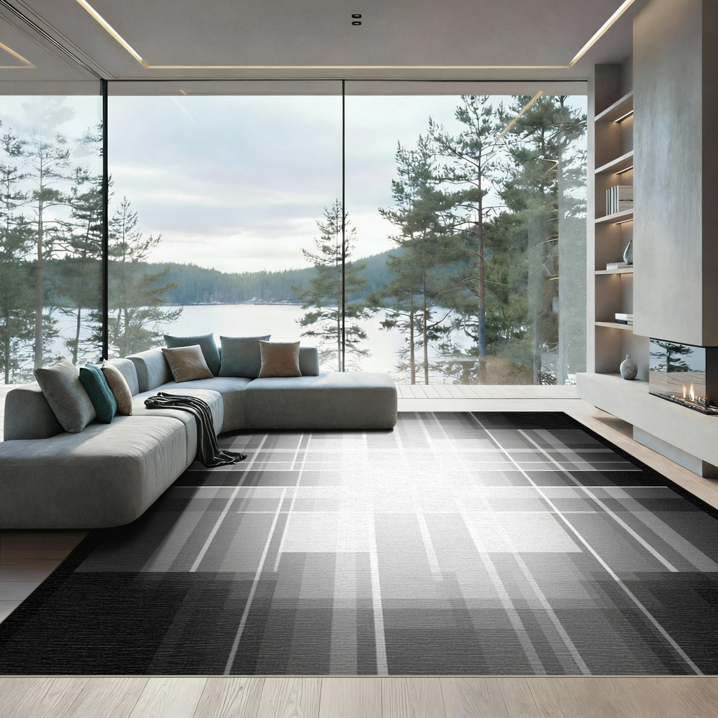 Monochromatic Geometric Grid Lines Rug