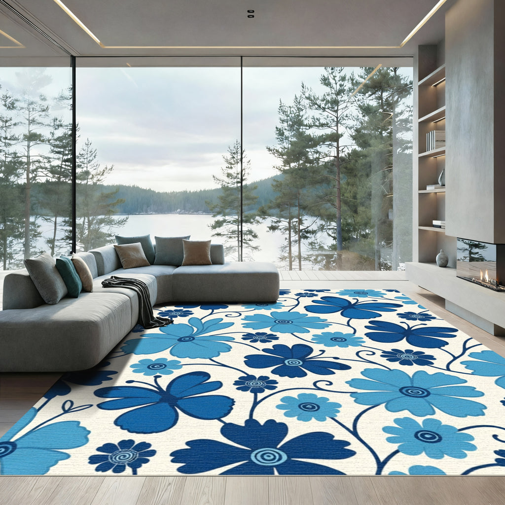 Midnight Blue Floral Butterfly Collage Rug
