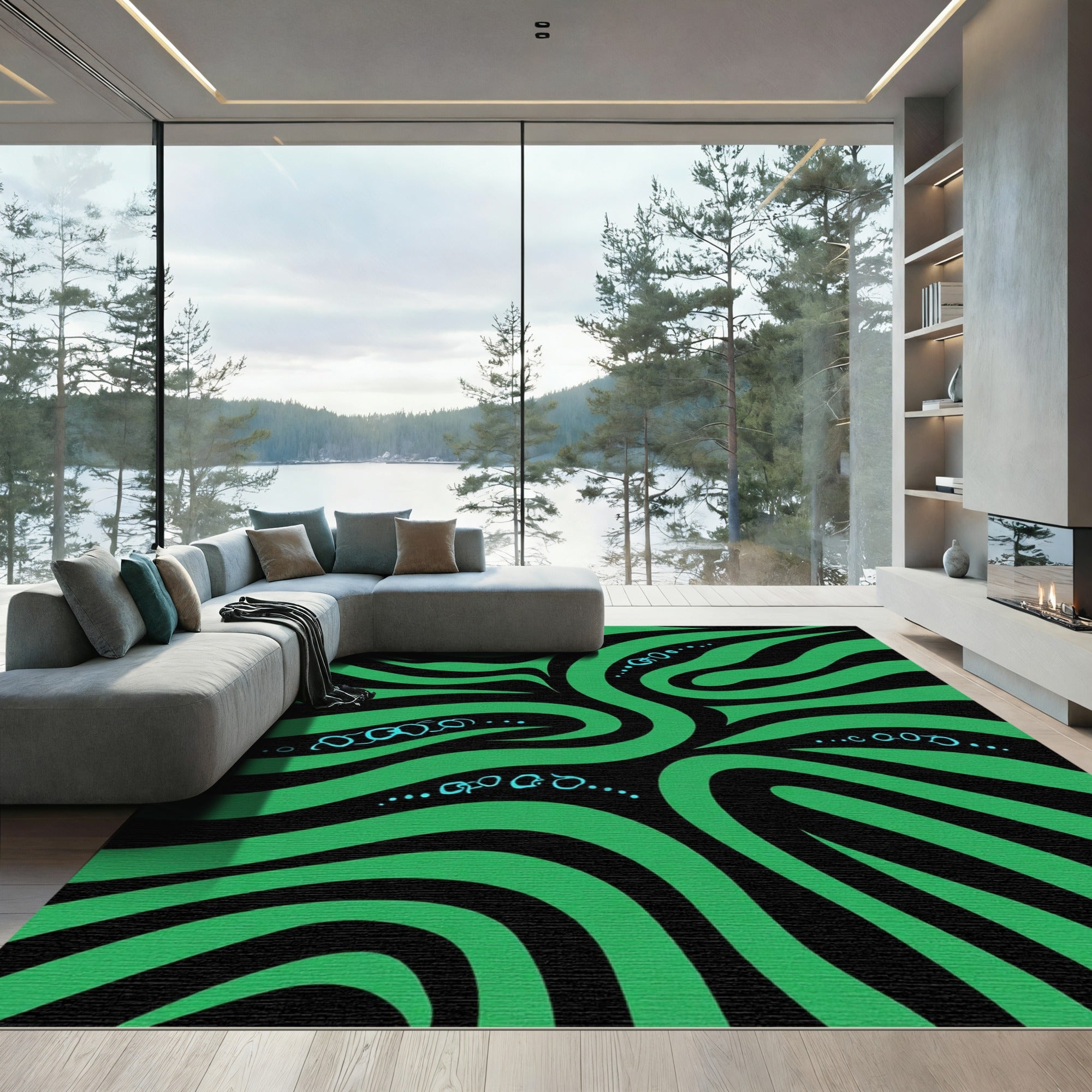 Green Black Swirling Abstract Wave Rug