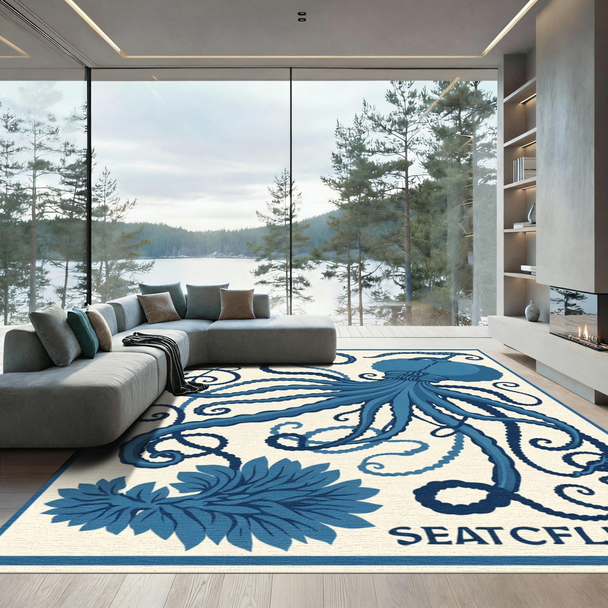 Classic Blue Octopus Whimsical Swirl Rug