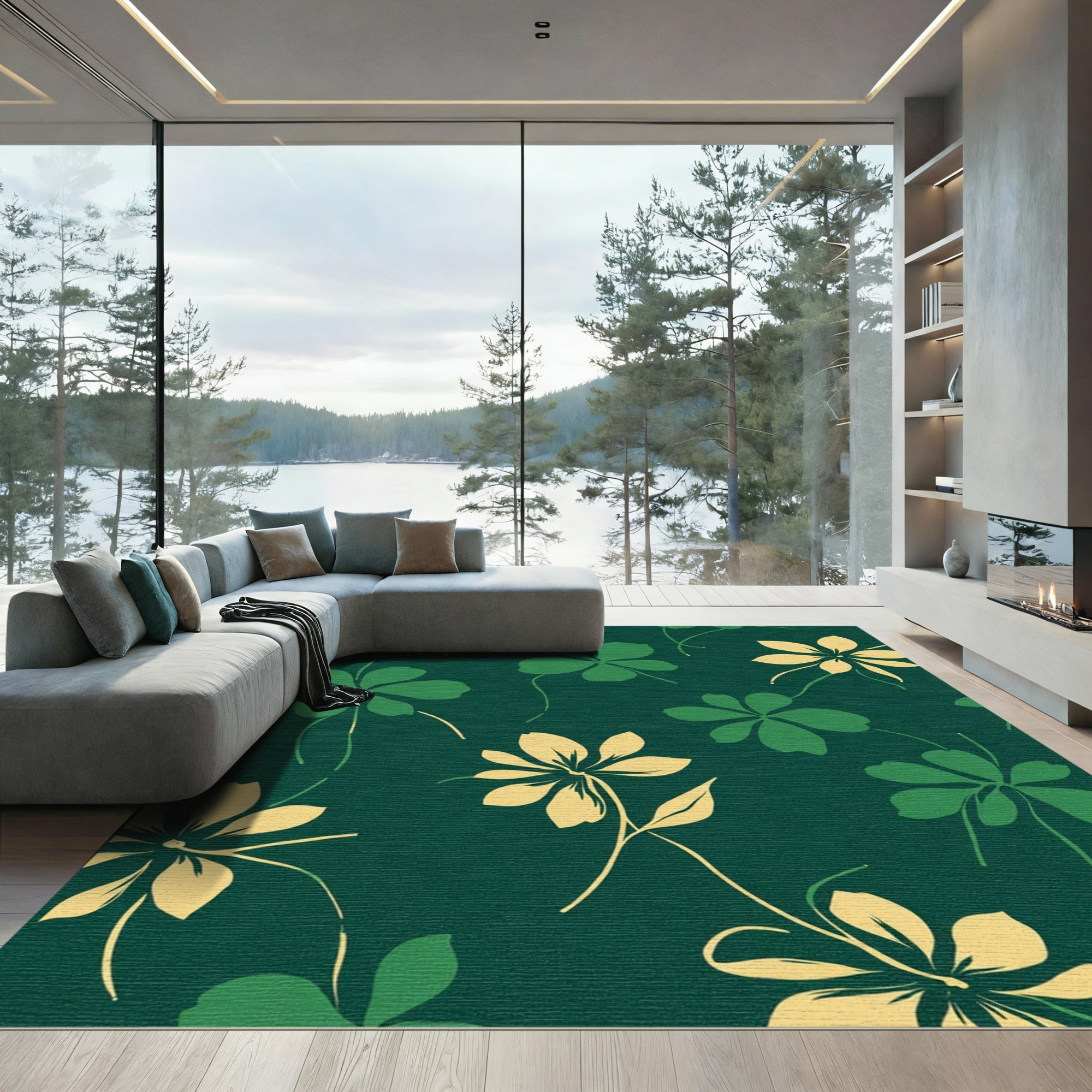 Deep Emerald Green Floral Swirl Rug