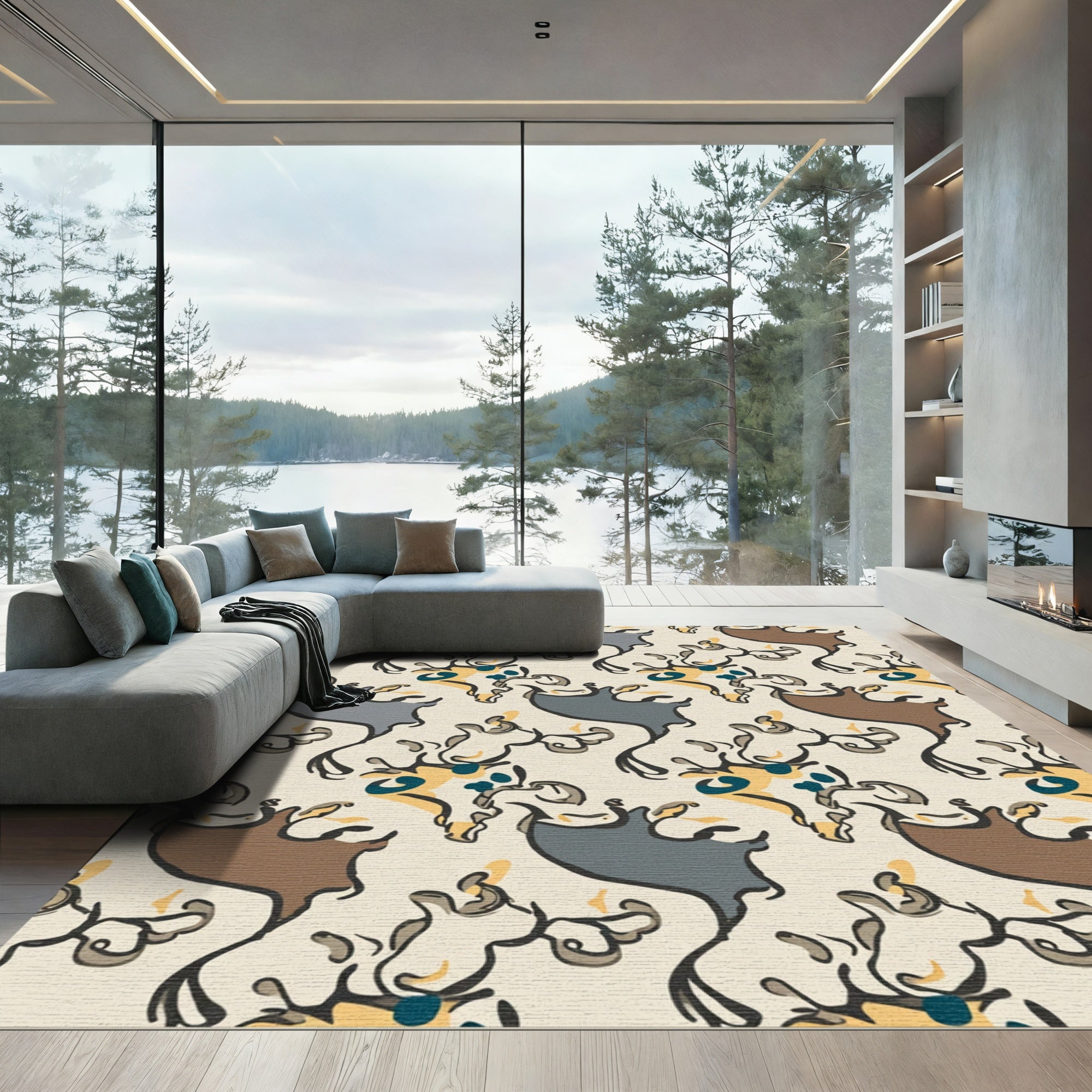 Organic Abstract Brown Grey Yellow Accents Rug