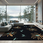 Orange Teal Floral Outline on Black Rug