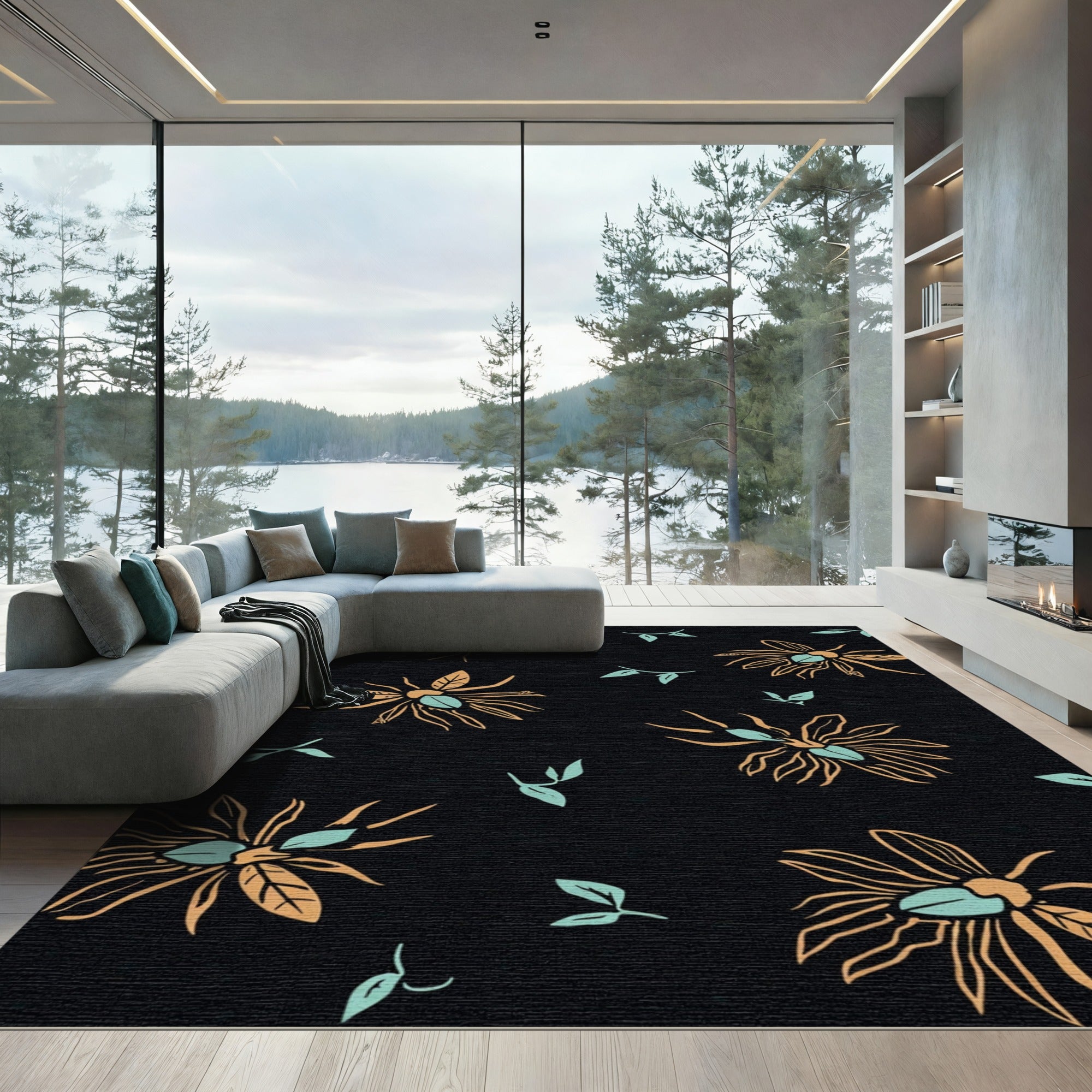 Orange Teal Floral Outline on Black Rug
