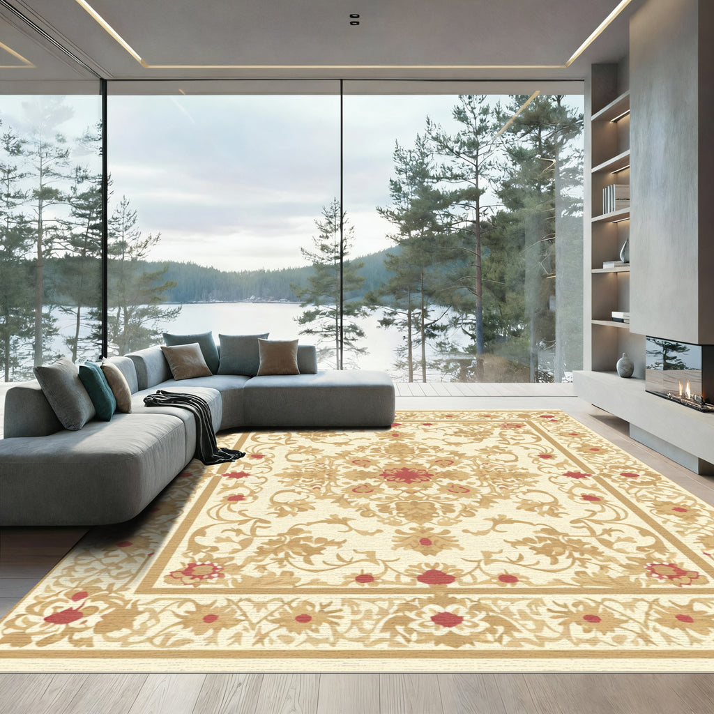 Cream Red Floral Damask Medallion Rug