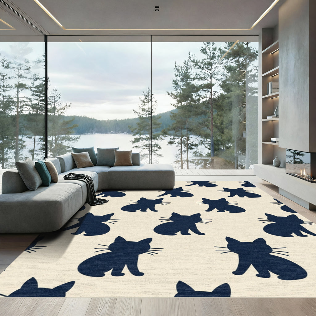 Navy Sitting Cats Repeating Motif Rug