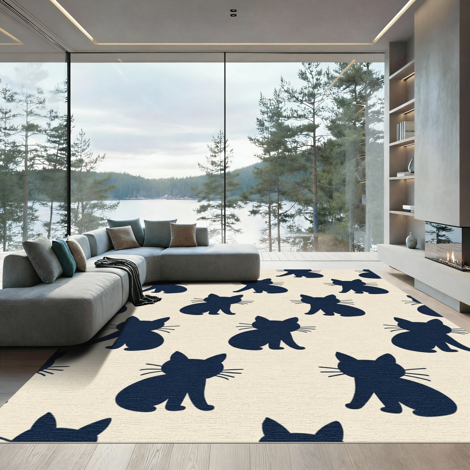 Navy Sitting Cats Repeating Motif Rug