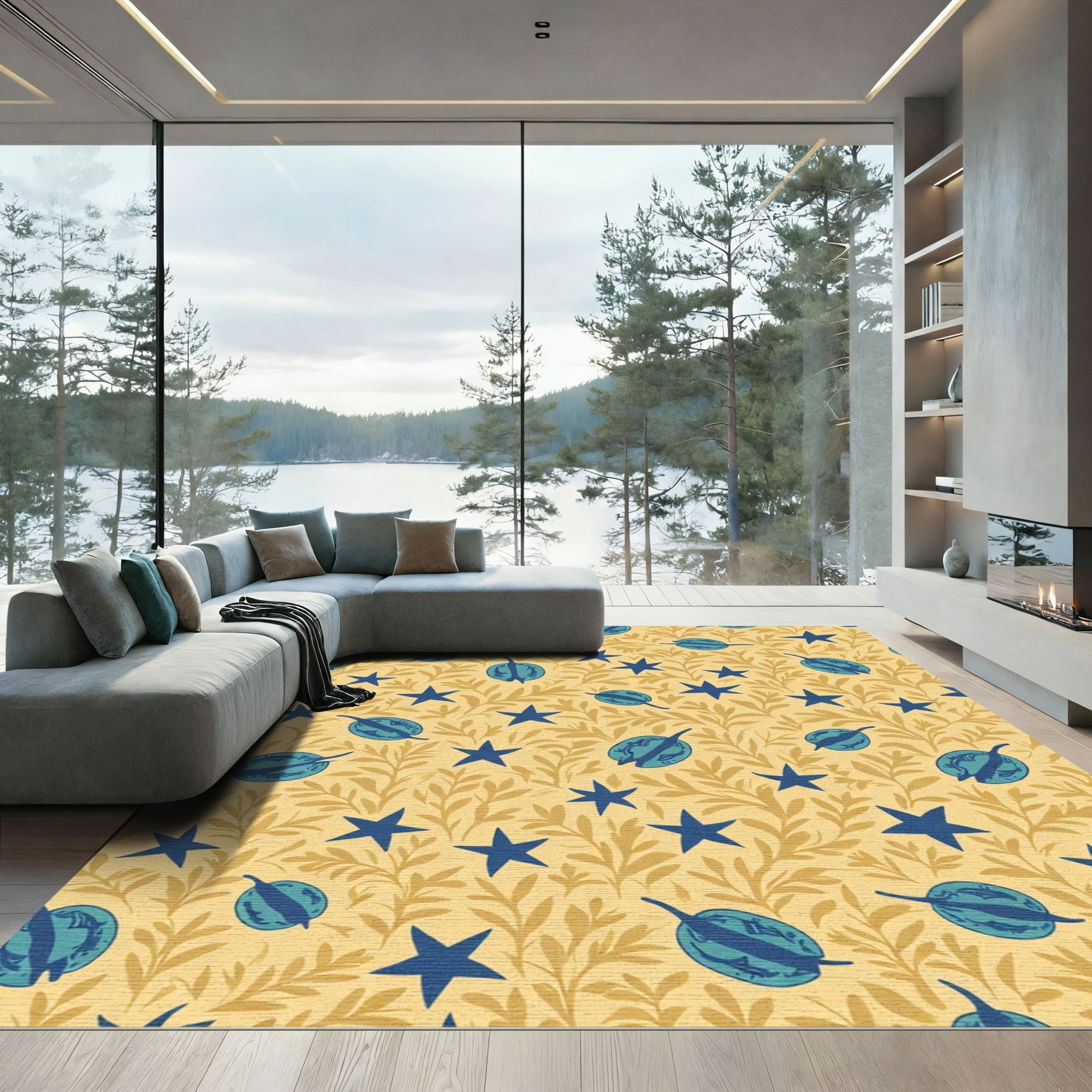 Gold Floral Blue Star Fruit Rug