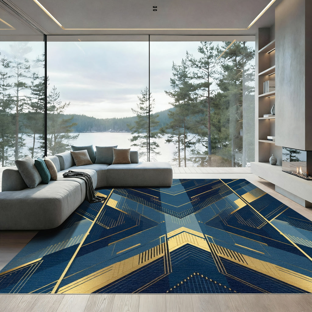 Deep Blue Gold Art Deco Chevron Rug
