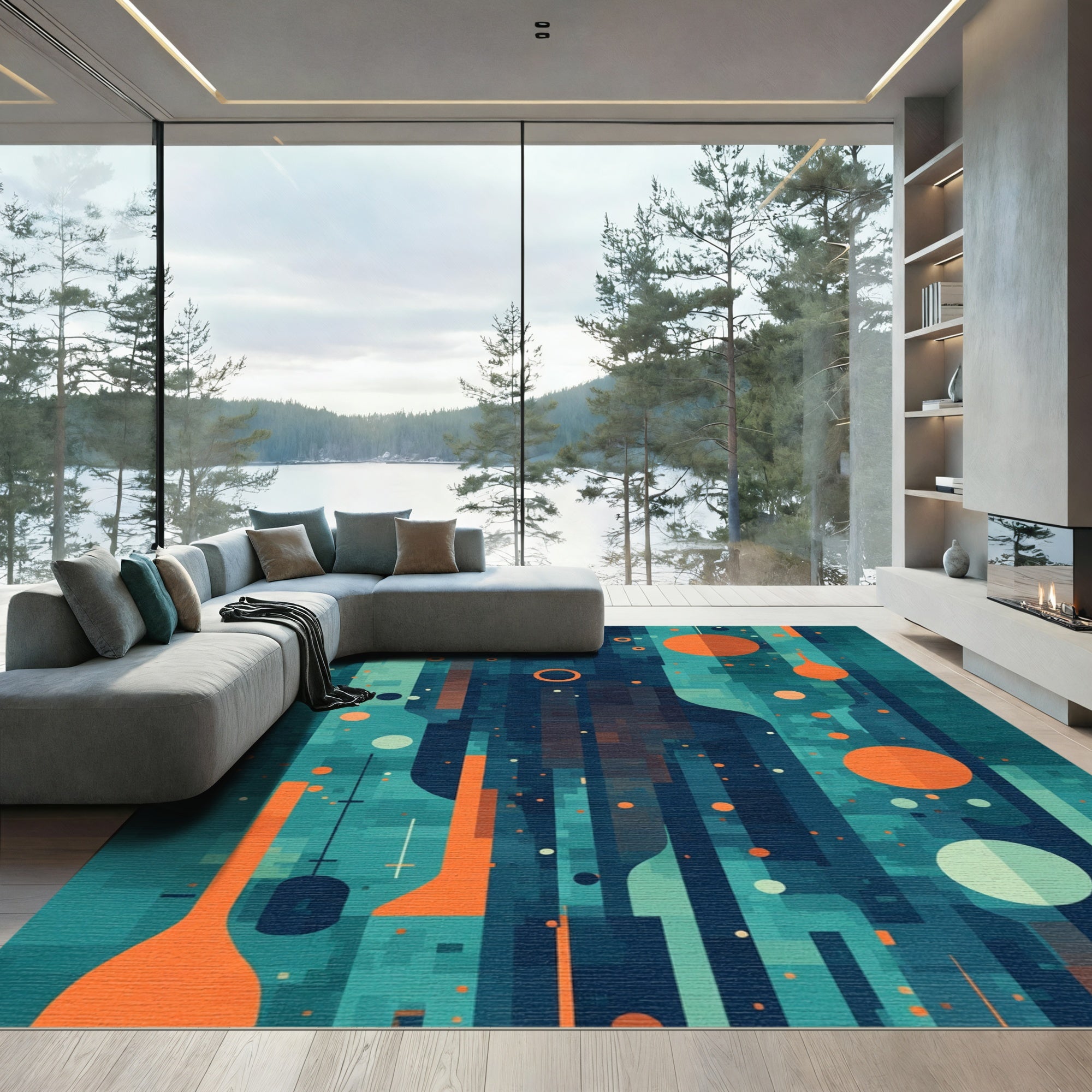 Abstract Teal Orange Geometric Shapes Rug