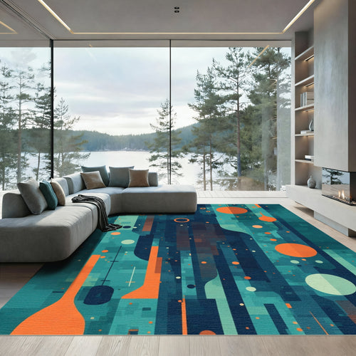 Abstract Teal Orange Geometric Shapes Rug