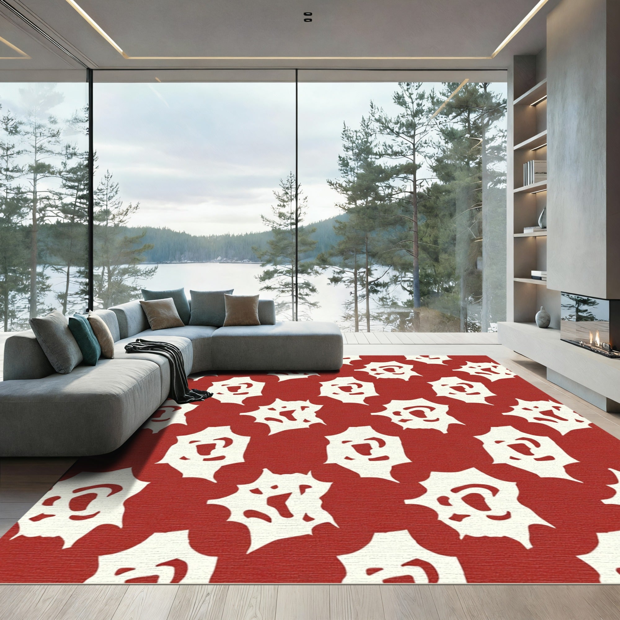 Crimson Abstract Floral Grid Rug