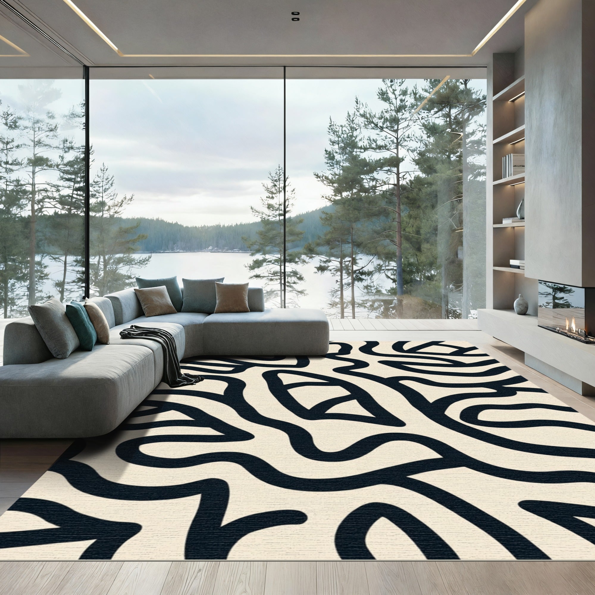 Cream Black Organic Abstract Swirl Rug