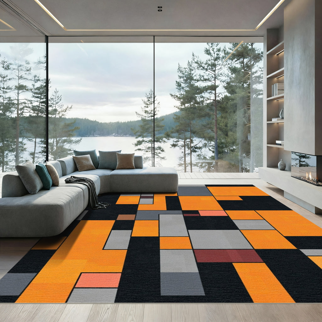 Modern Orange Gray Black Geometric Blocks Rug
