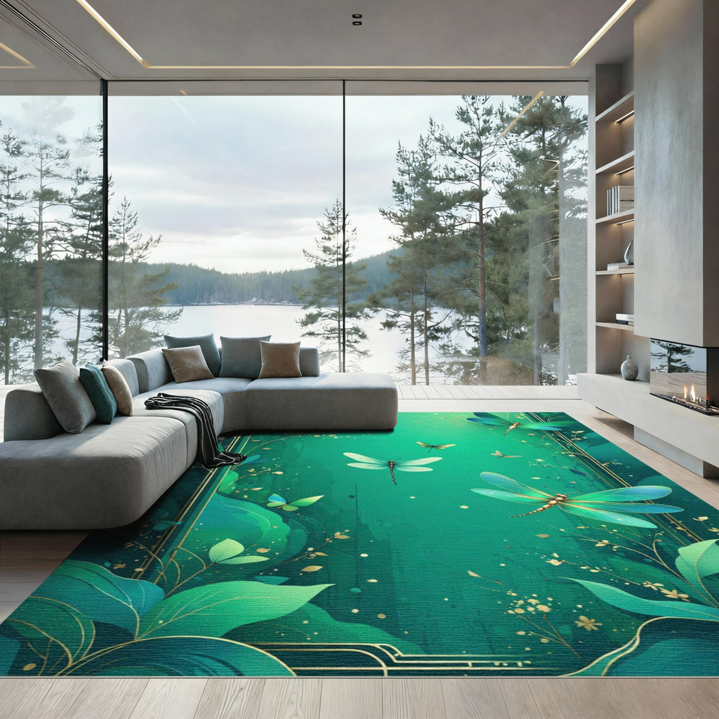 Emerald Garden Dragonfly Butterfly Art Rug