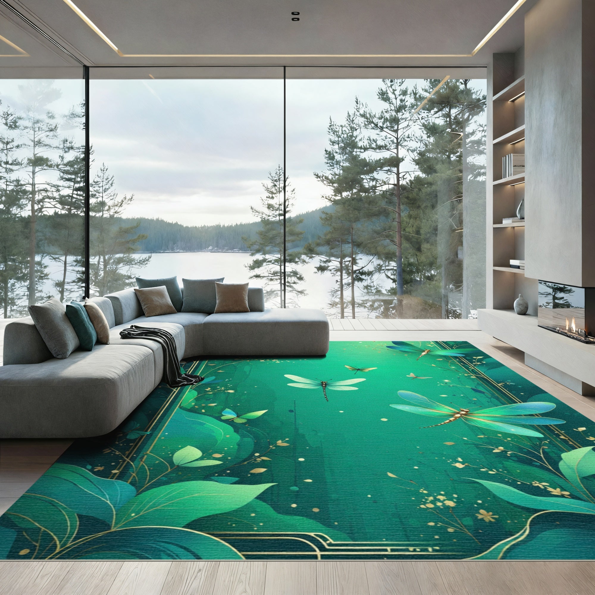 Emerald Garden Dragonfly Butterfly Art Rug