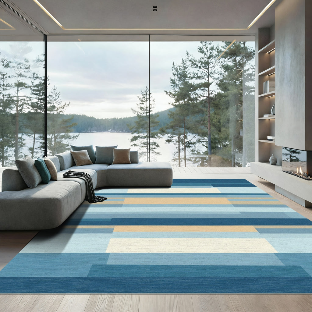 Marine Blue Beige Geometric Abstract Rug