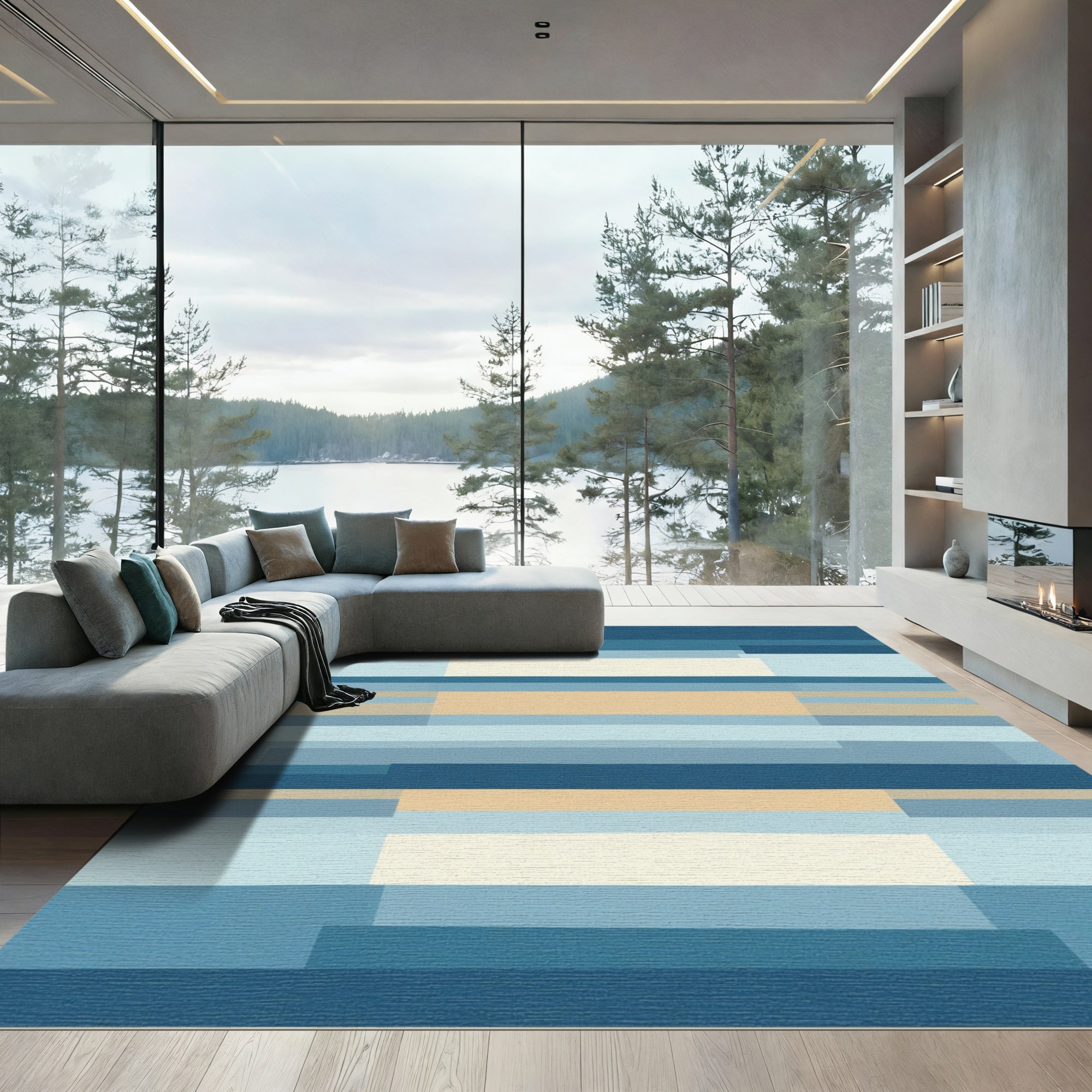 Marine Blue Beige Geometric Abstract Rug