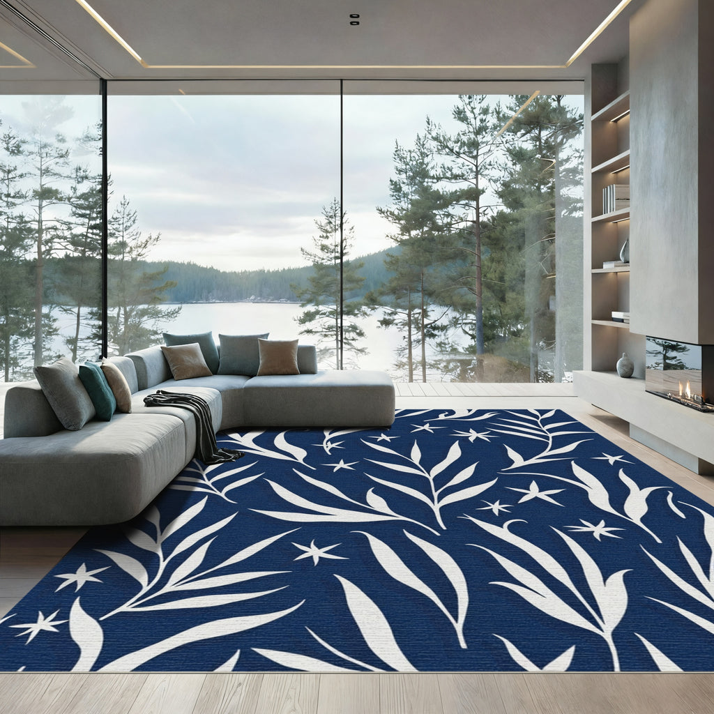 White leaves against midnight blue ground Rug