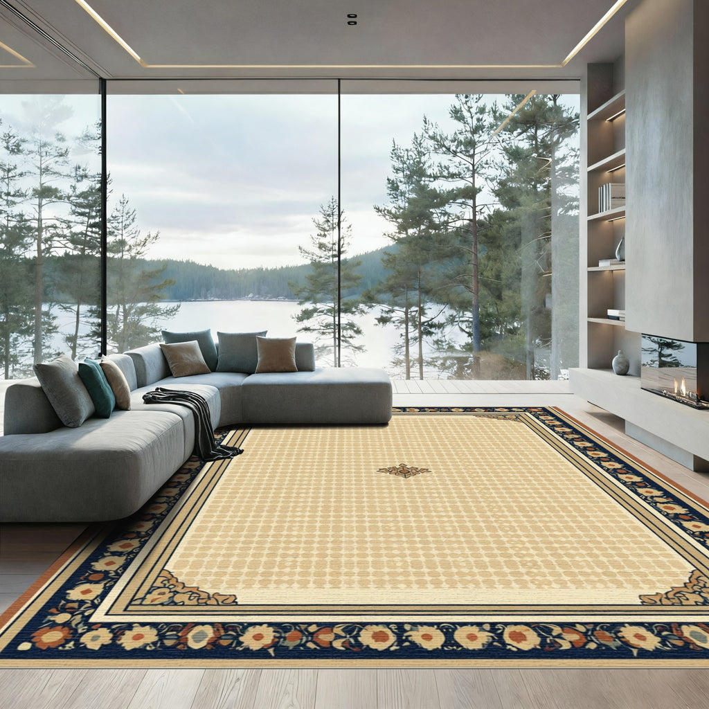 Crimson Navy Floral Border Medallion Rug
