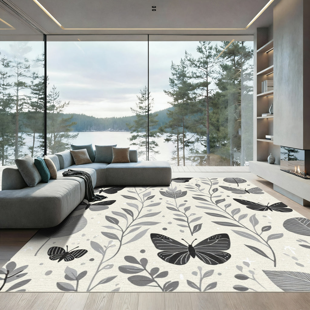Monochrome Butterfly Botanical Garden Rug