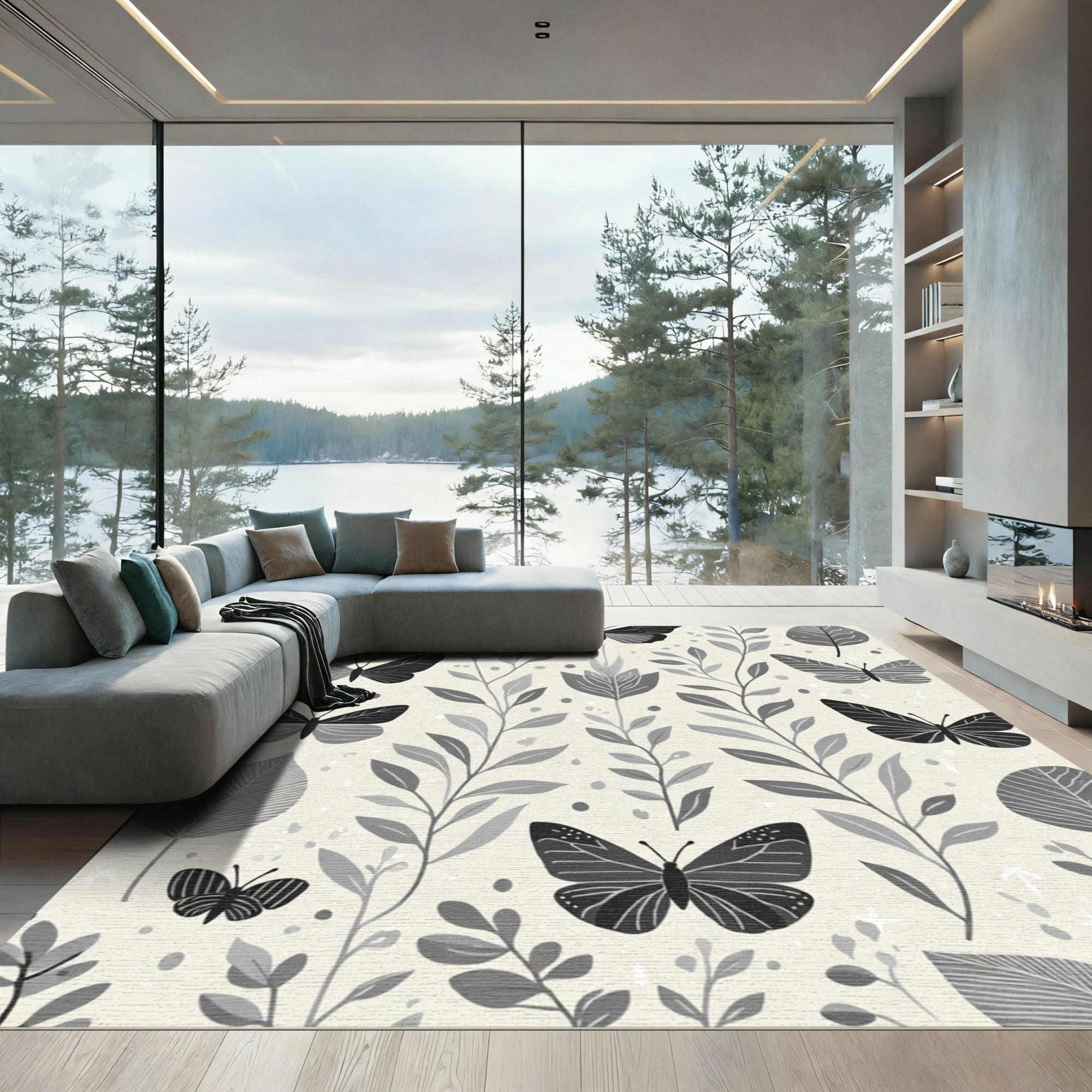 Monochrome Butterfly Botanical Garden Rug