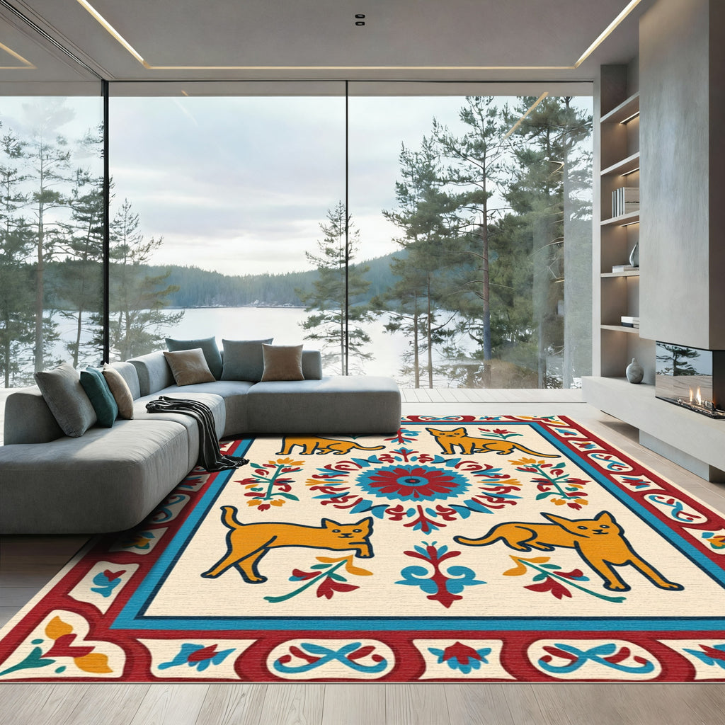 Golden Cats Central Medallion Border Rug