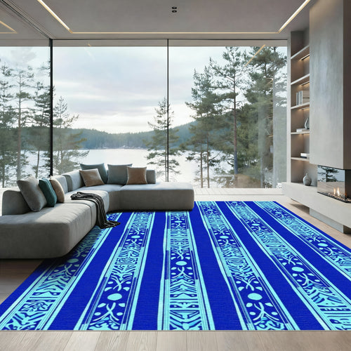 Bright Blue Ethnic Stripe Rug