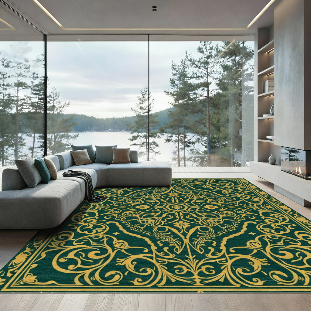 Deep Emerald Golden Ornate Scrollwork Rug