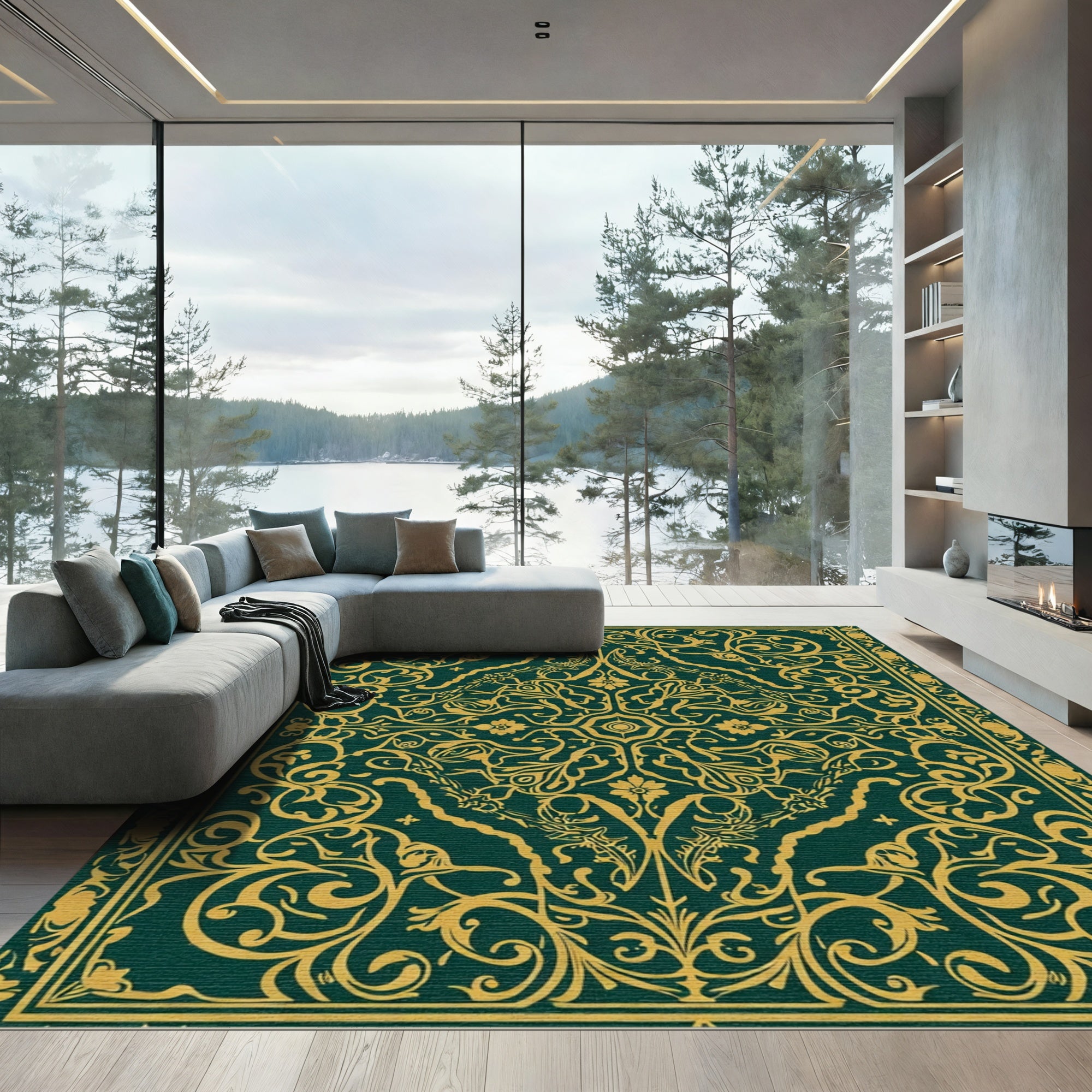 Deep Emerald Golden Ornate Scrollwork Rug